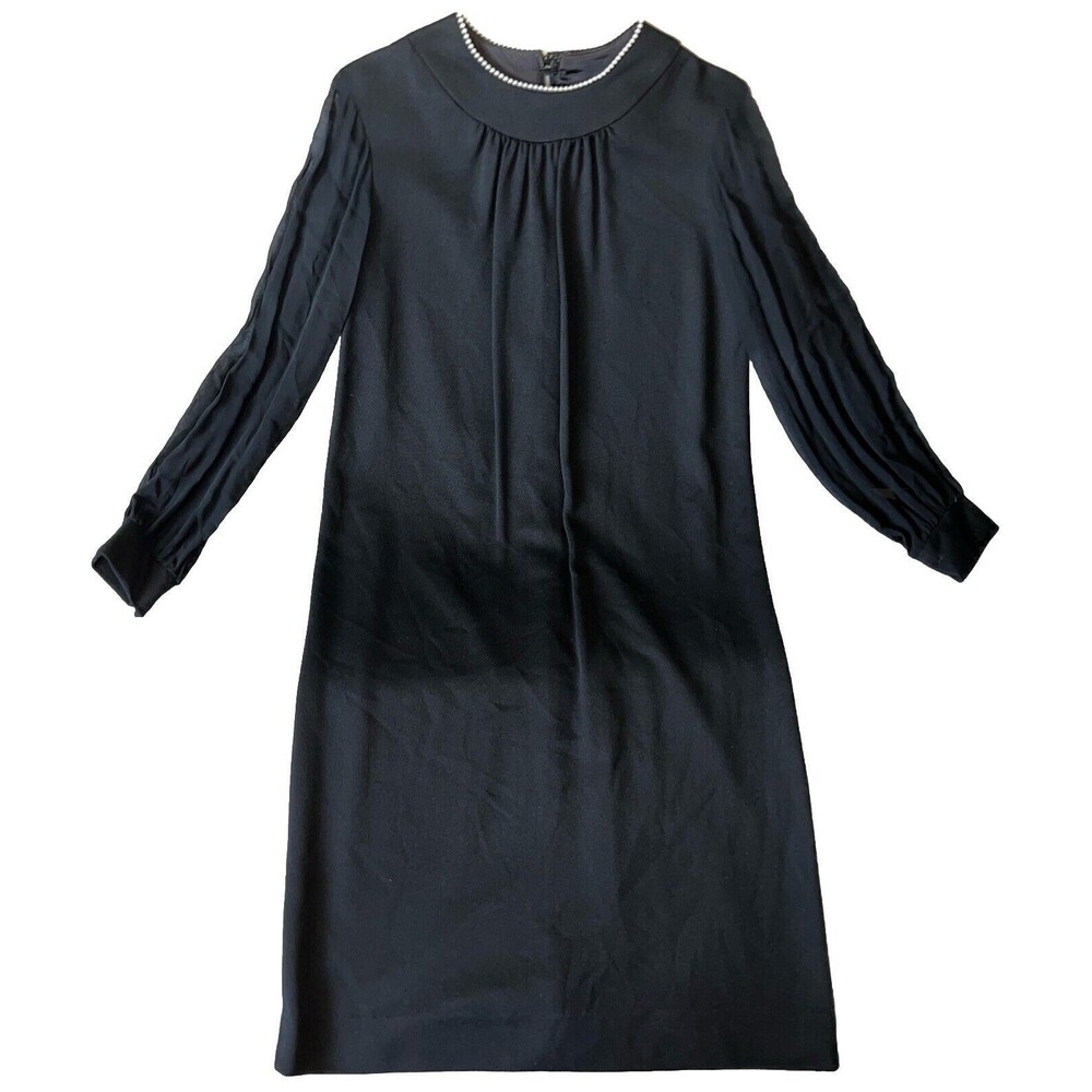 Vintage 80s Custom Made Womens 12 Nylon Stretch Dress W/ Pearls Collar Zip Back